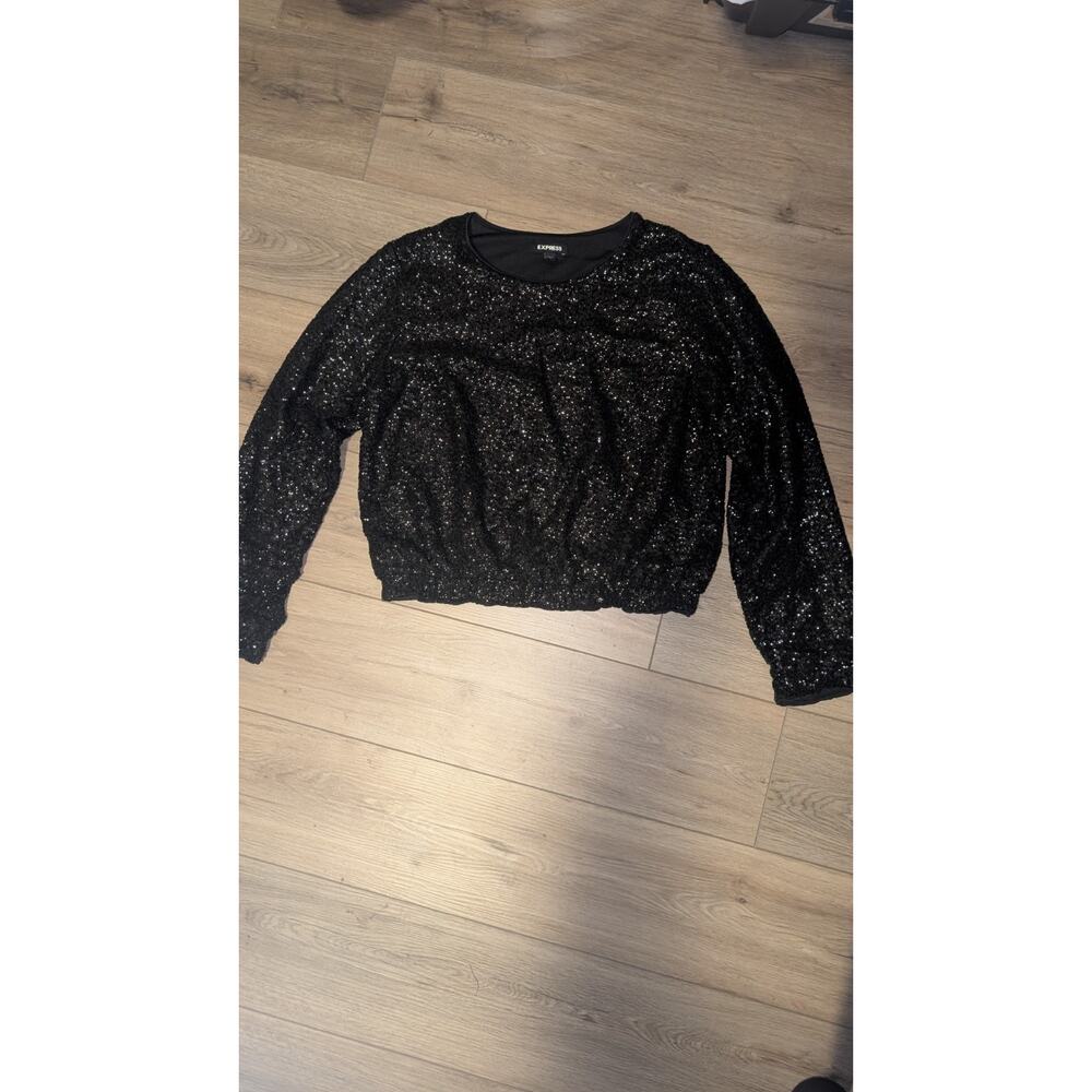 Express Black Sequin Solid Round Neck Long Sleeve Pullover Top M Women Regular